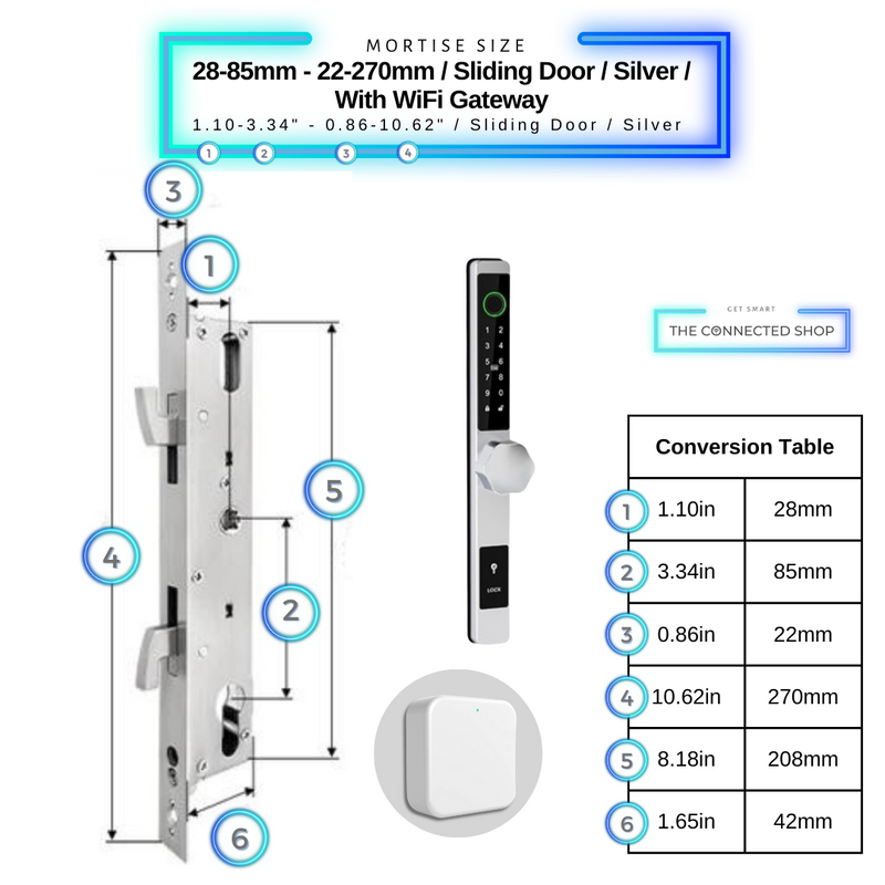 Smart Door Lock Thin - 28-85mm (22x270mm) Sliding Door - Silver - With WiFi Gateway