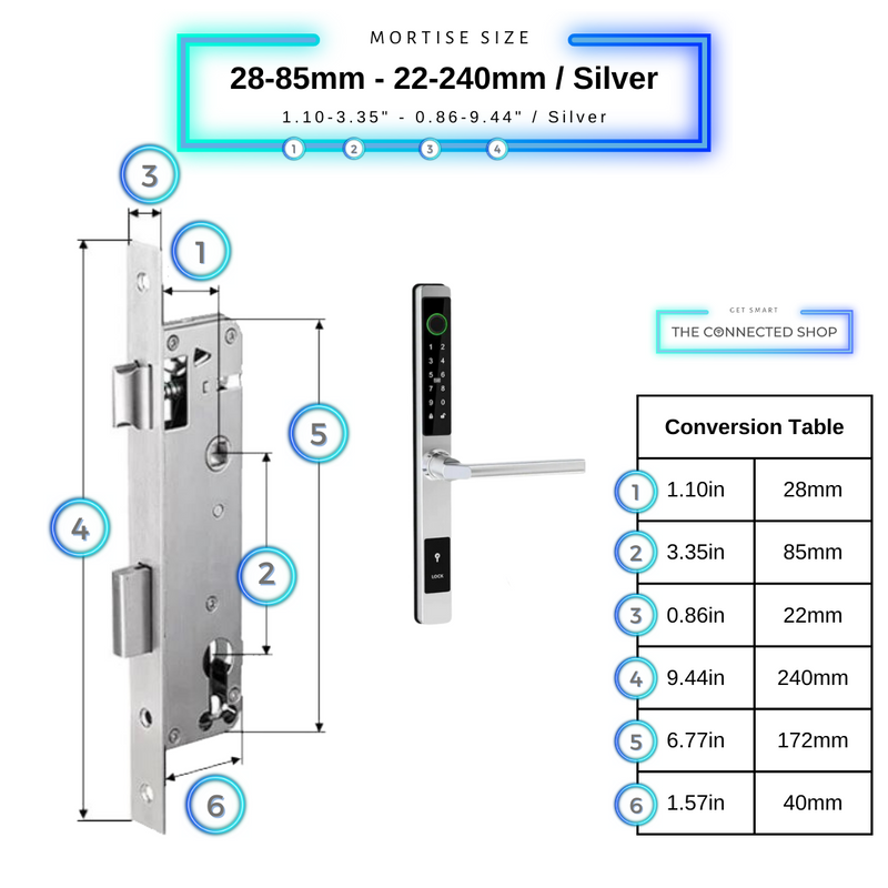 Sliding Door Smart Door Lock - 28-85mm (22x240mm) - Silver - No WiFi Gateway