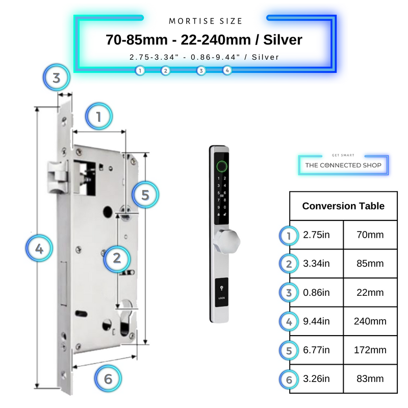 Smart Door Lock Thin - 70-85mm (22x240mm) - Silver - No WiFi Gateway