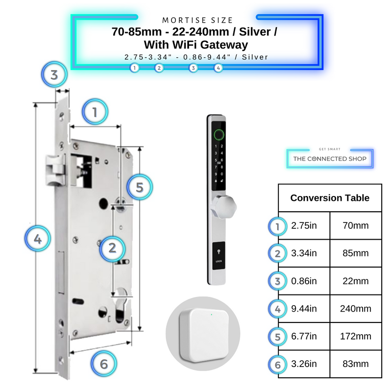 Smart Door Lock Thin - 70-85mm (22x240mm) - Silver - With WiFi Gateway