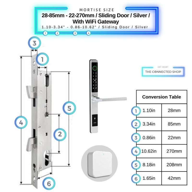 Sliding Door Smart Door Lock - 28-85mm (22x270mm) Sliding Door - Silver - With WiFi Gateway