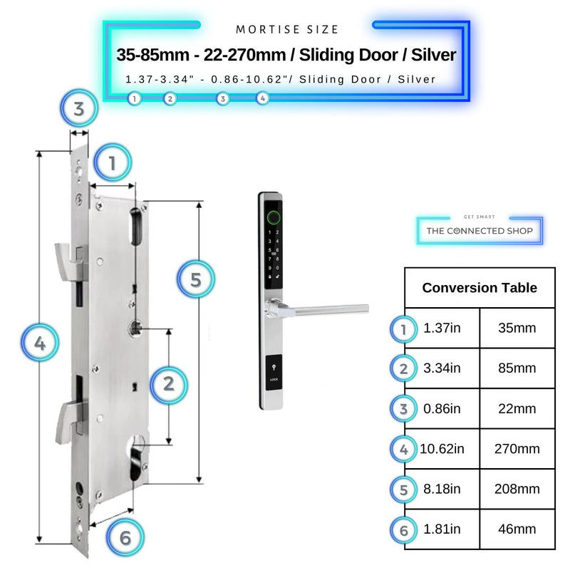 Sliding Door Smart Door Lock - 35-85mm (22x270mm) Sliding Door - Silver - No WiFi Gateway