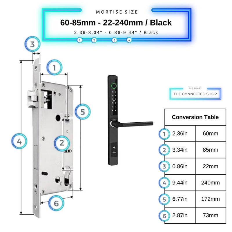 Sliding Door Smart Door Lock - 60-85mm (22x240mm) - Black - No WiFi Gateway