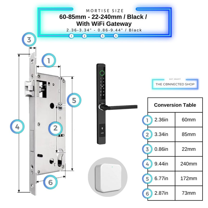 Sliding Door Smart Door Lock - 60-85mm (22x240mm) - Black - With WiFi Gateway