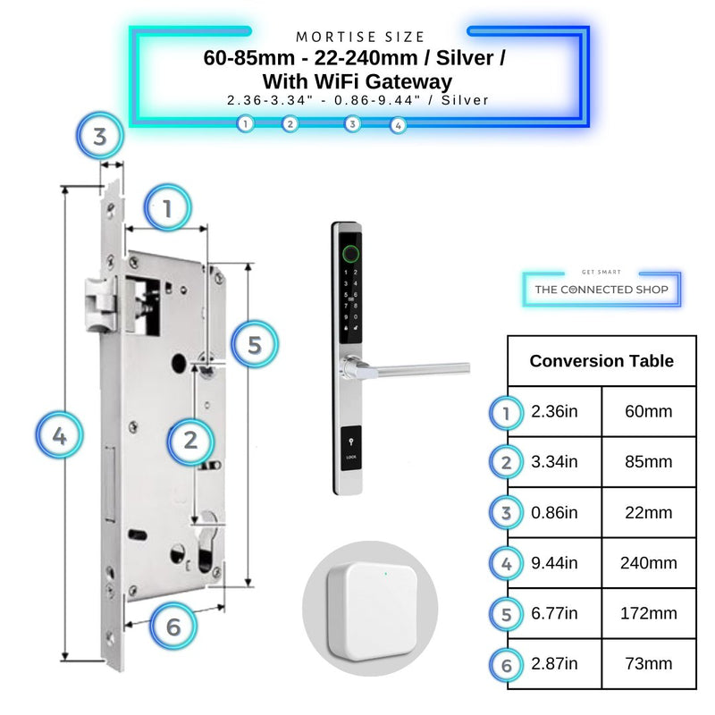 Sliding Door Smart Door Lock - 60-85mm (22x240mm) - Silver - With WiFi Gateway