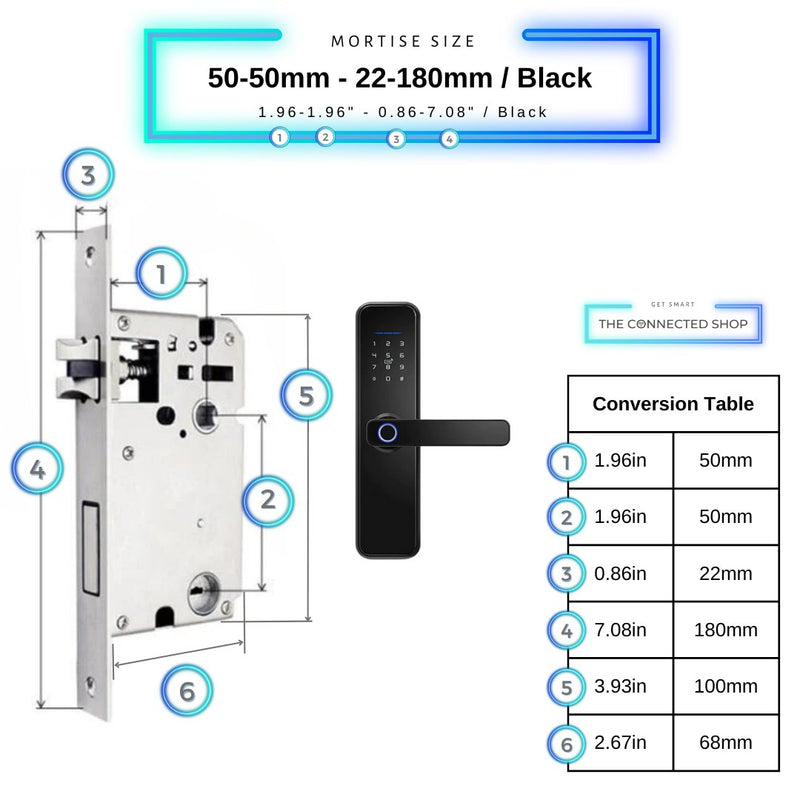 Smart Door Lock - 50-50mm (22x180mm) - Black -