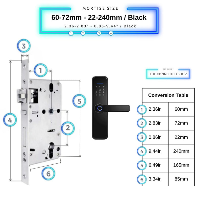 Smart Door Lock - 60-72mm (22x240mm) - Black -