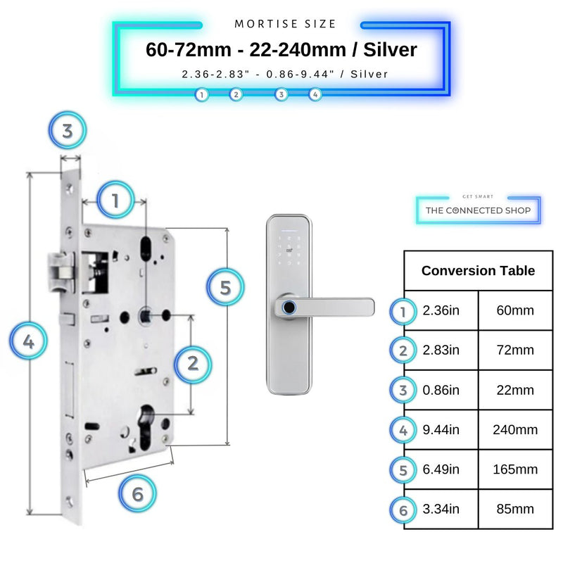 Smart Door Lock - 60-72mm (22x240mm) - Silver -