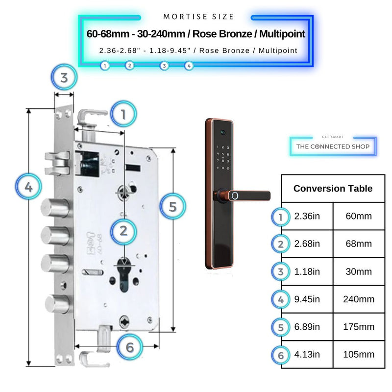 Smart Door Lock Camera - Rose Bronze - 60-68mm (30x240mm) Multipoint -