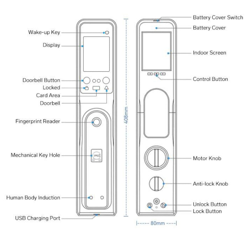 Smart Door Lock Face Recognition Dual Screen - Black - 60-68mm (24x240mm) -