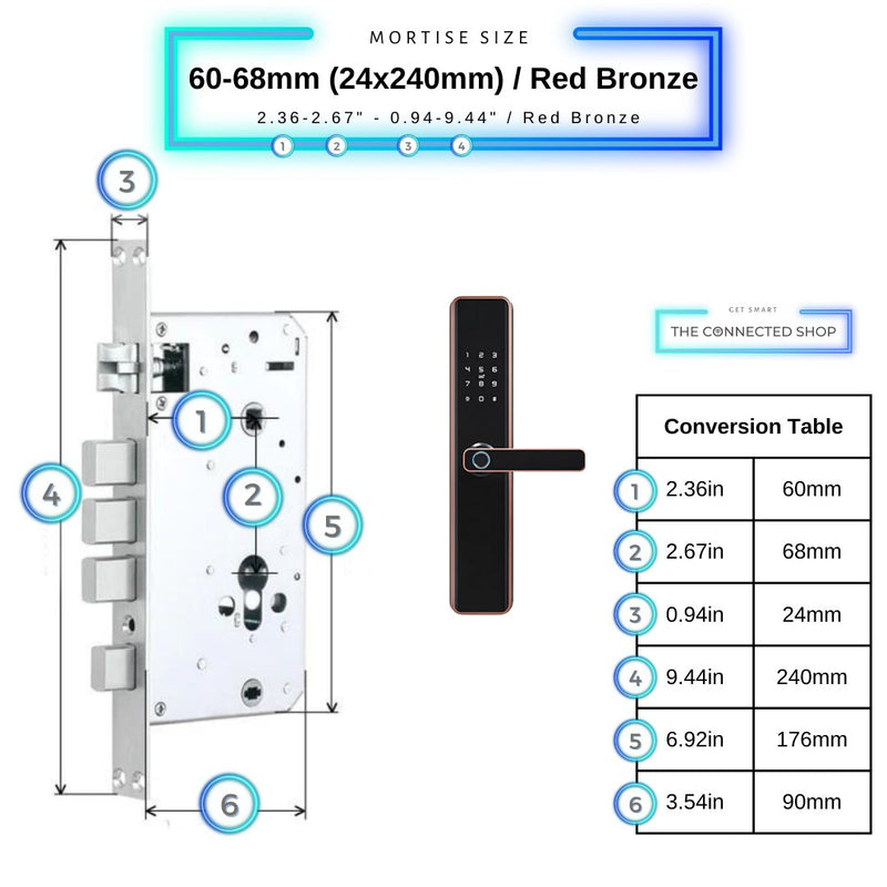 Smart Door Lock Thick - 60-68mm (24x240mm) - Red Bronze - No WiFi Gateway