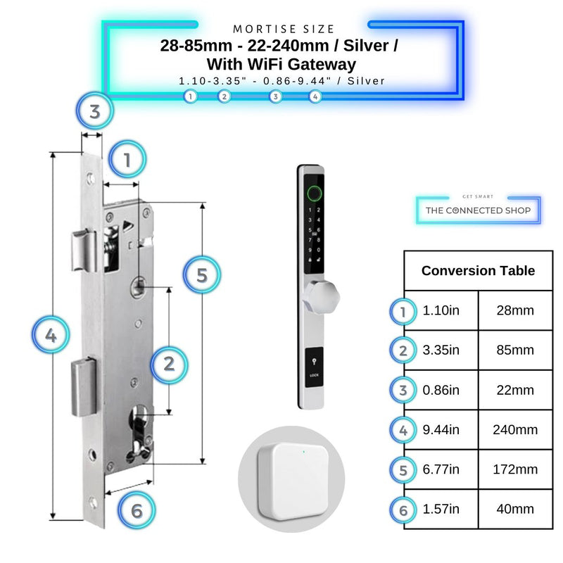 Smart Door Lock Thin - 28-85mm (22x240mm) - Silver - With WiFi Gateway