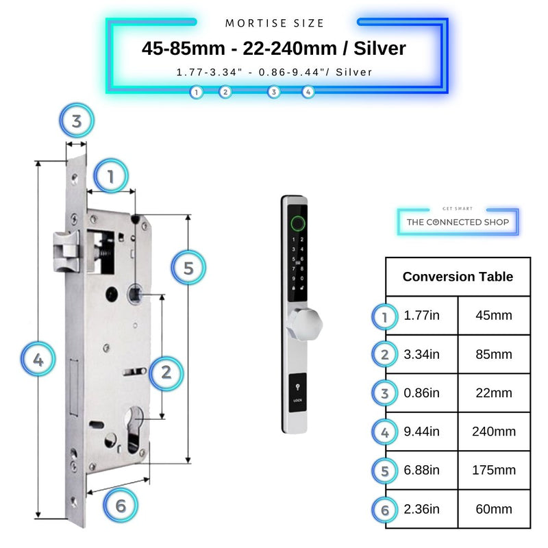 Smart Door Lock Thin - 45-85mm (22x240mm) - Silver - No WiFi Gateway