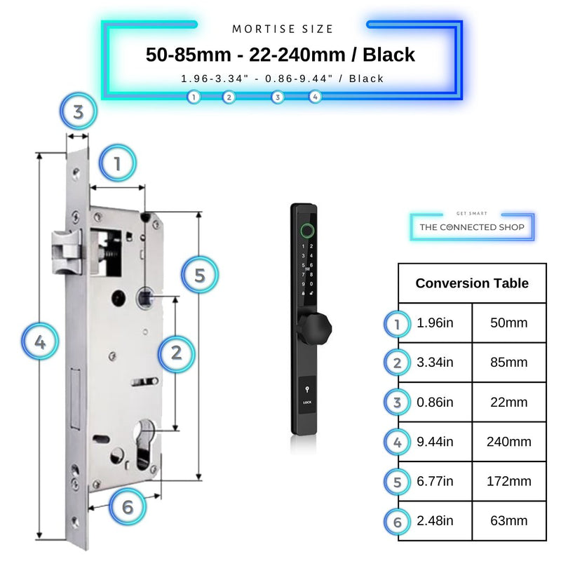 Smart Door Lock Thin - 50-85mm (22x240mm) - Black - No WiFi Gateway