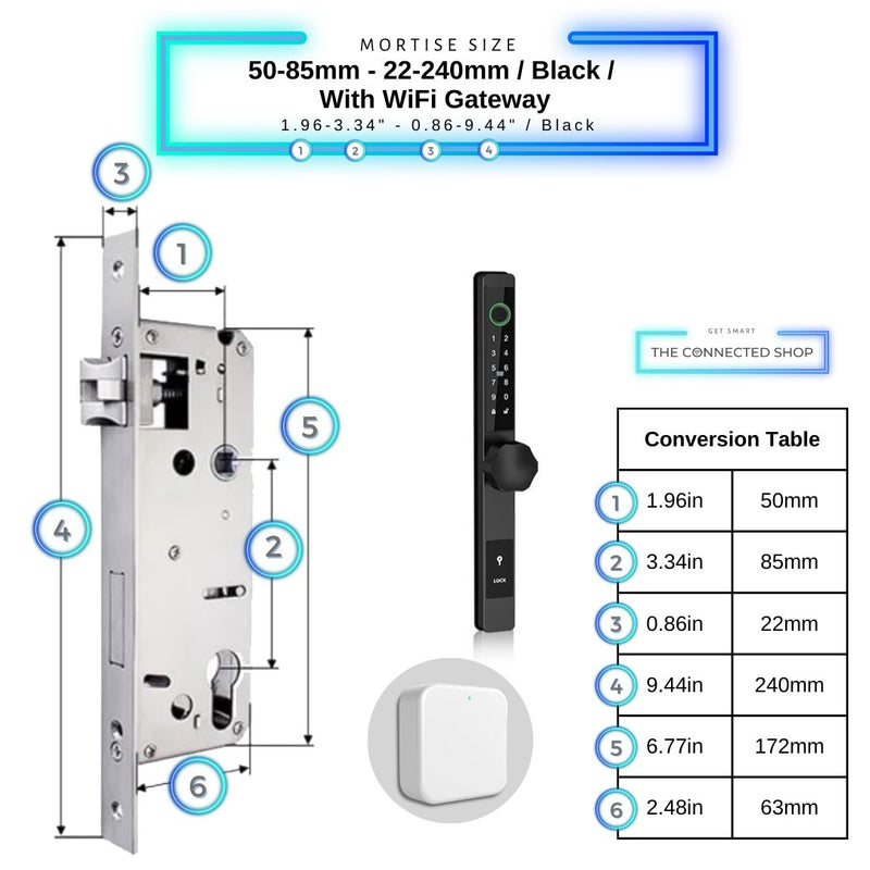 Smart Door Lock Thin - 50-85mm (22x240mm) - Black - With WiFi Gateway