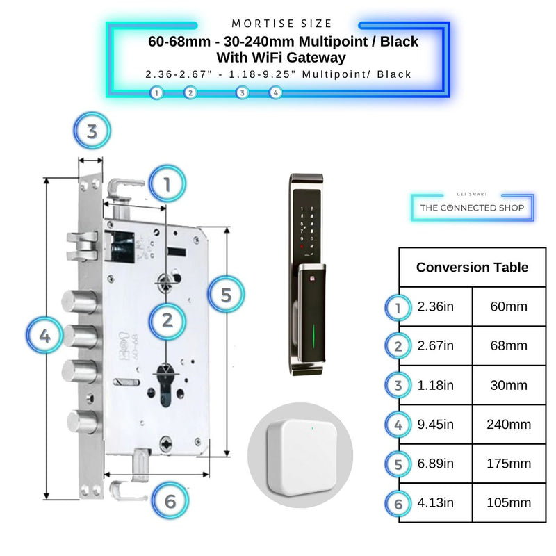 Video Smart Door Lock - Black - 60-68mm (30x240mm) - With WiFi Gateway